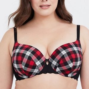 Torrid Curve Bra Lightly Lined sexy red & white plaid with black lace 42D